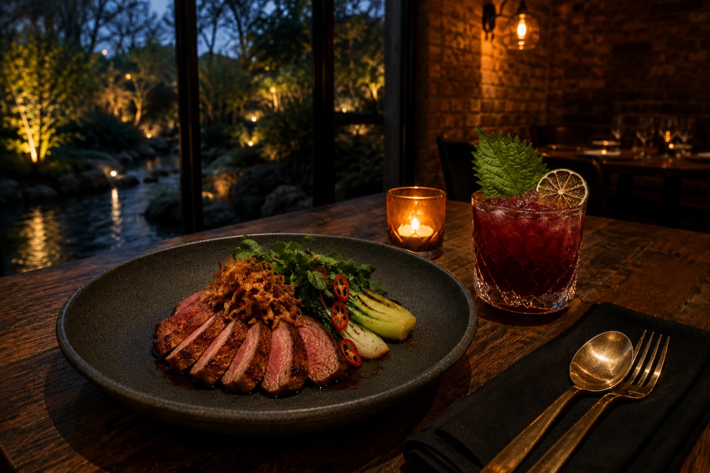 Thai dining experience overlooking a softly lit garden stream