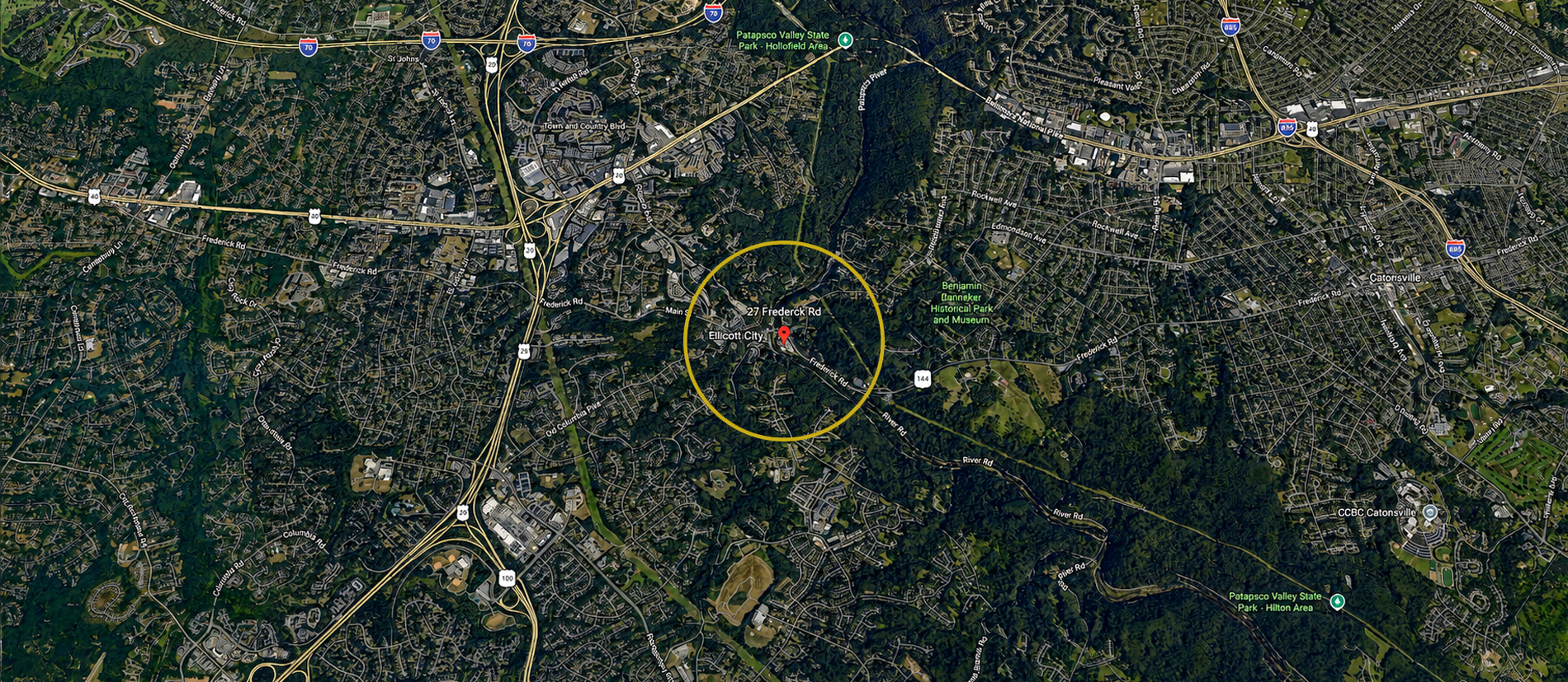 Aerial view of historic Ellicott Mill, the Patapsco River, and the surrounding region