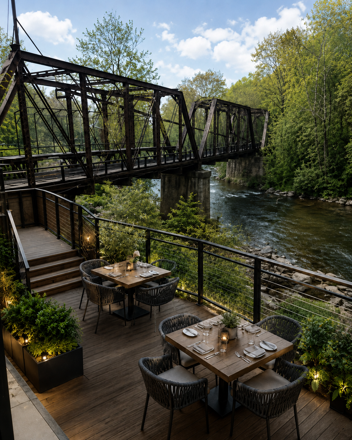 River House riverfront terrace beside the historic bridge