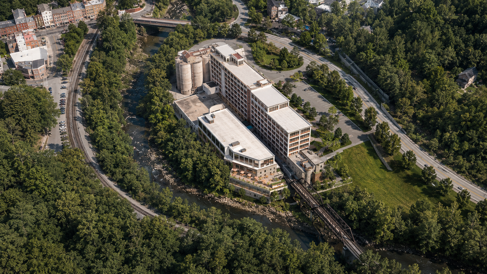 Aerial view of Ellicott Mill beside the Patapsco River